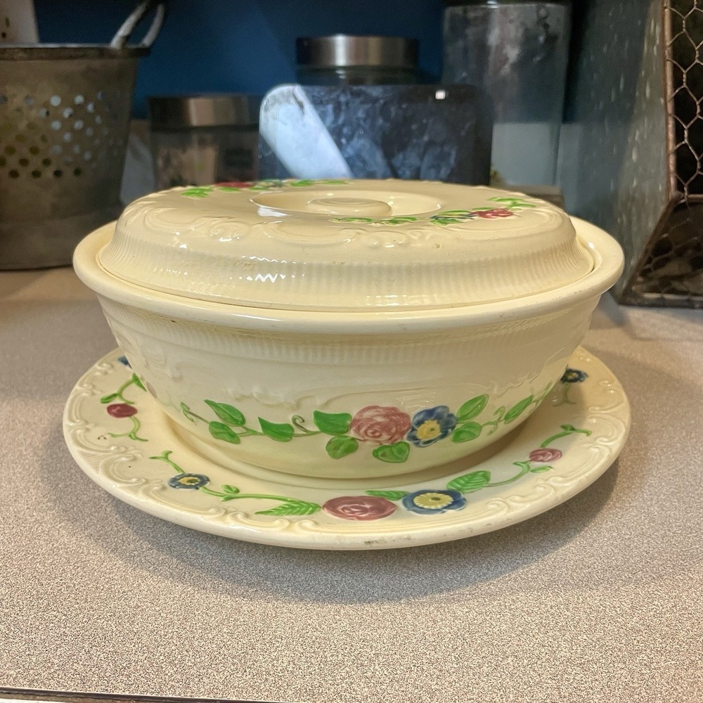 Vintage Homer Laughlin Oven Serve Large Casserole W/ Lid & Plate Floral Pattern